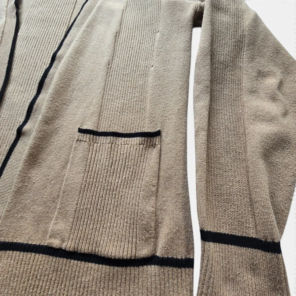 Verve Ami Tan Open Front Cardigan Black Trim Women M Ribbed Fine Knit Pockets